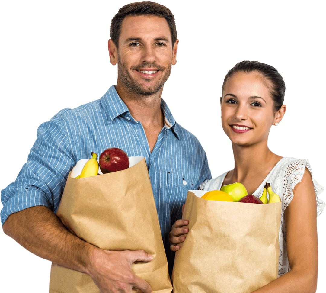 Smiling Couple Holding Grocery Bags Transparent Background