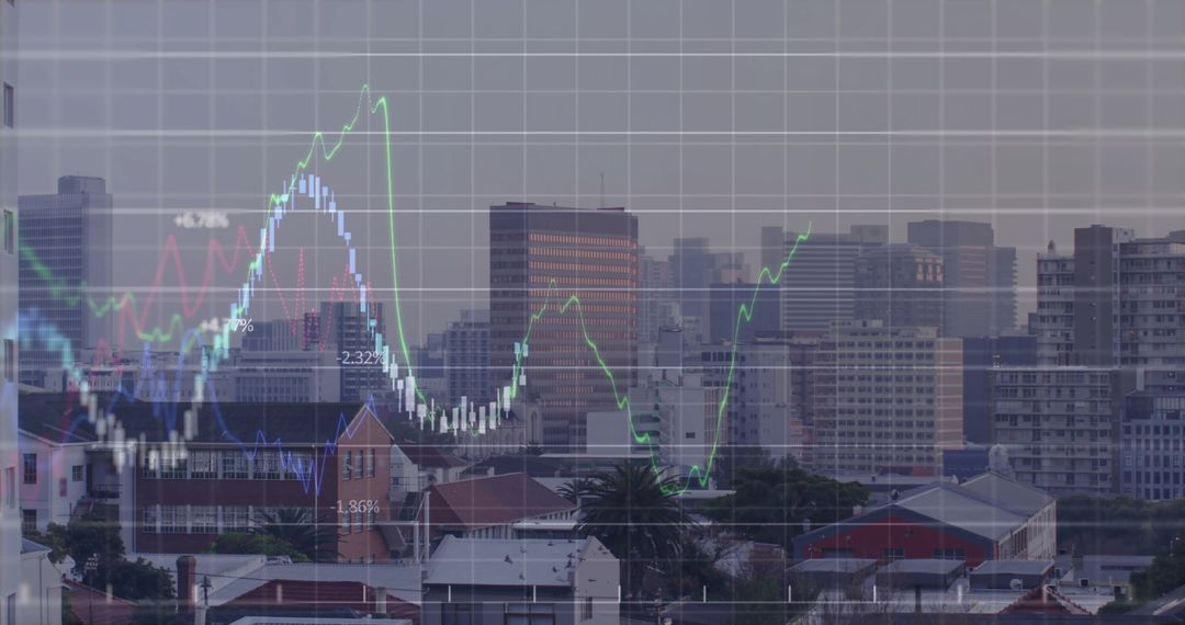 Financial Chart Overlay on City Skyline with Line Graphs