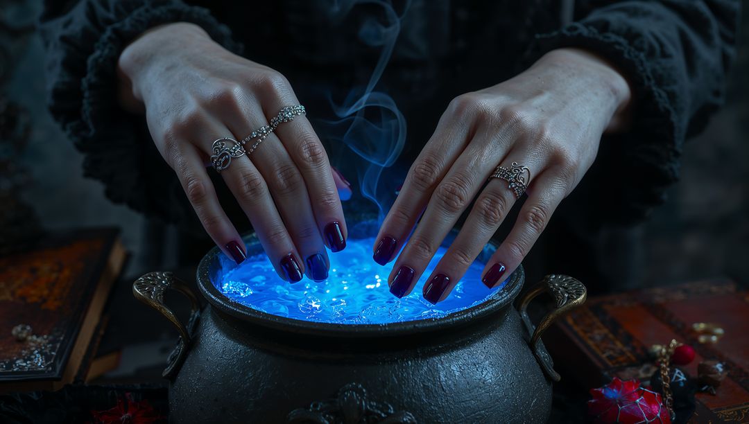 Mystic Hands Stirring Glowing Blue Potion in Cauldron