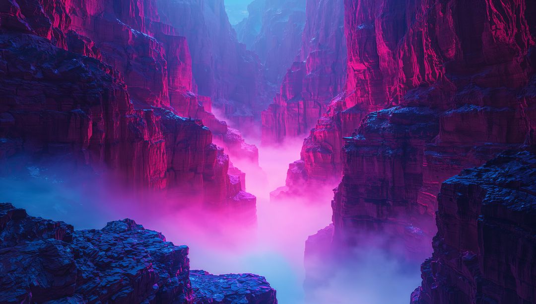 Glowing magenta and cyan canyon revealing mist-filled chasm with layered cliffs