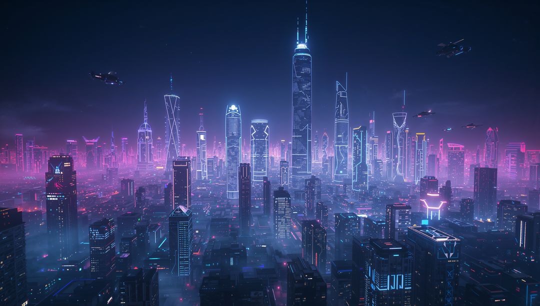 Futuristic Cyberpunk Cityscape Illuminated in Neon Glow