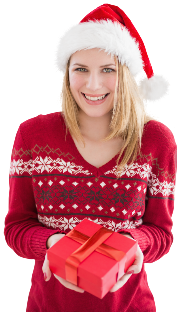 Smiling Woman in Santa Hat Holding Gift on Transparent Background - Download Free Stock Images Pikwizard.com