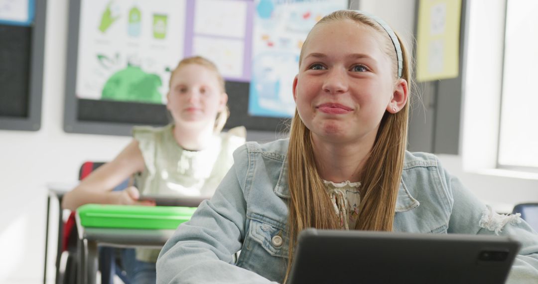 Engaged Elementary Schoolgirl Smiling in Classroom with Tablet