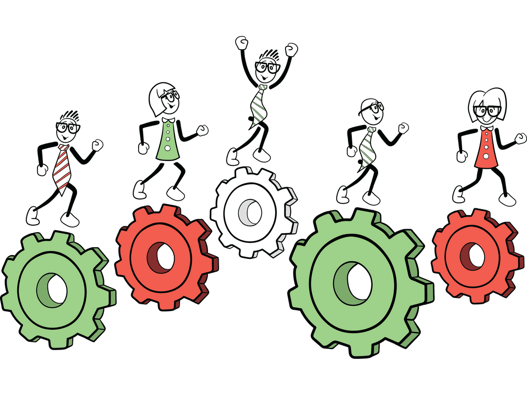 Teamwork Concept with Transparent Gears and Animated Characters