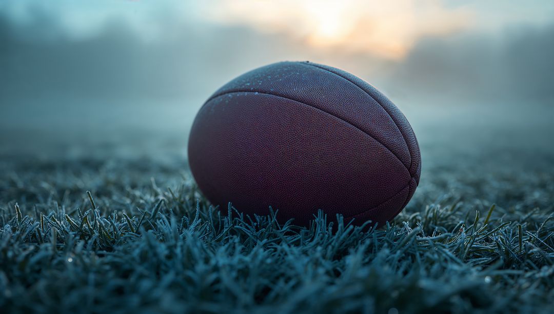 Frost-Covered Grass Field with American Football at Dawn