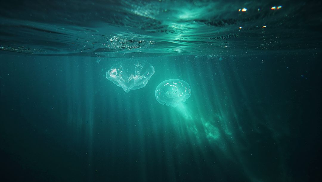 Bioluminescent Jellyfish Illuminated by Sunlight in Teal Water