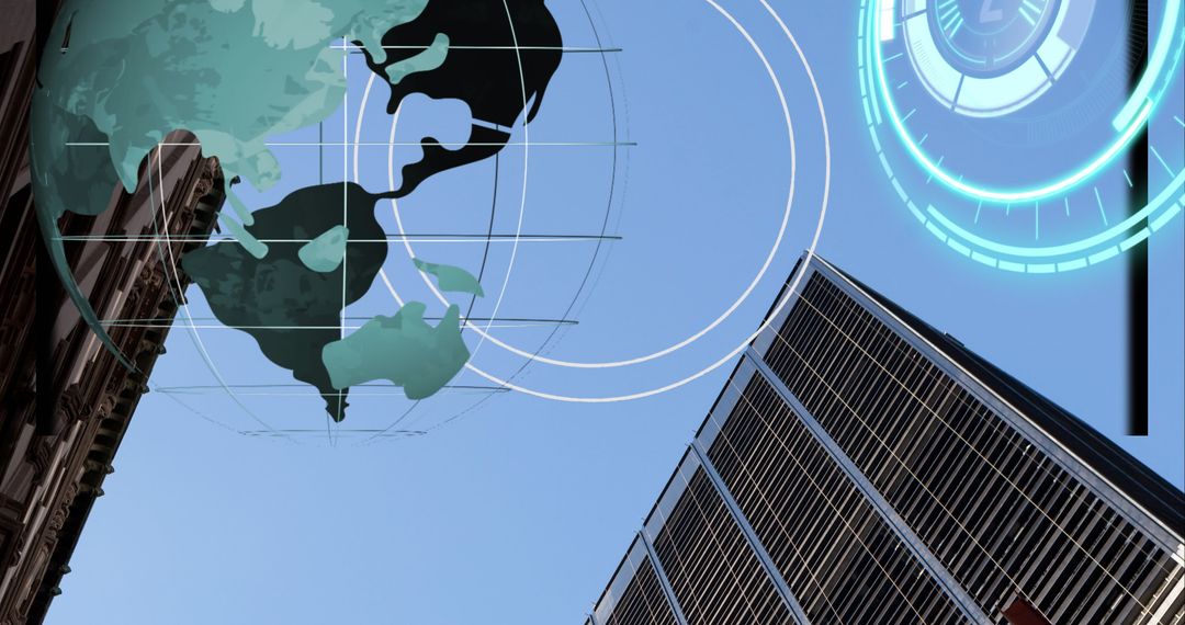 Globe and Digital Interface Over Modern City Buildings