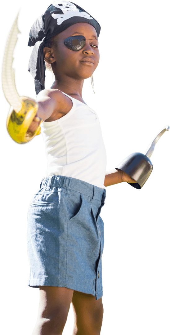 Transparent Girl Dressed as Pirate Holding Sword and Hook