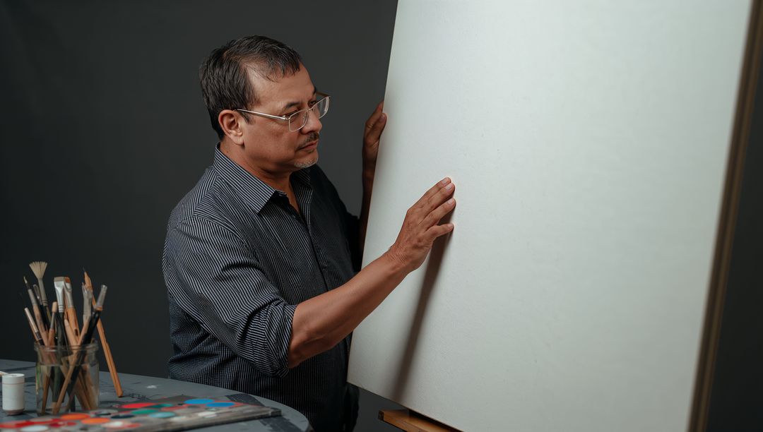 Artist Aligning Blank Canvas in Studio with Brushes