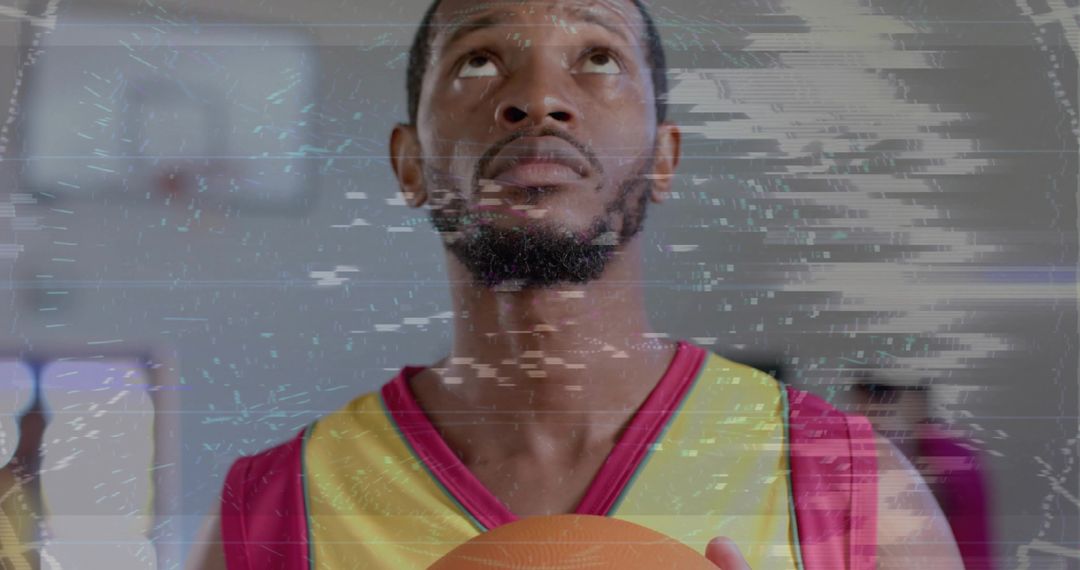 Basketball Player Preparing Shot with Digital Glitch Effect