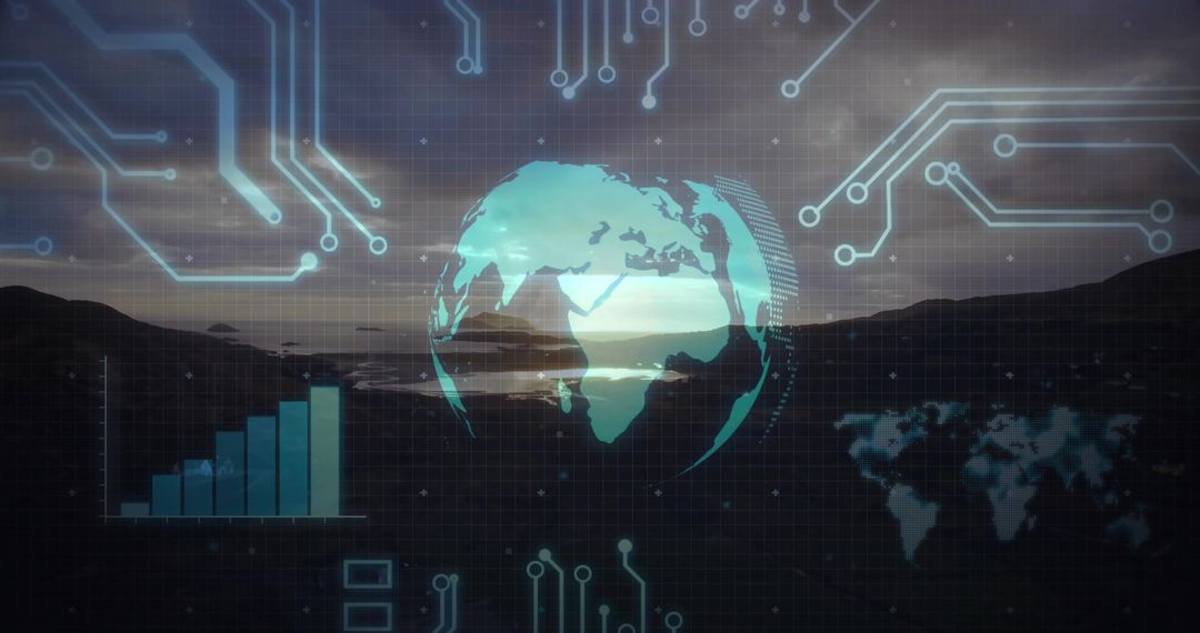 Holographic Globe and Data Visualizations Overlapping Lakeside