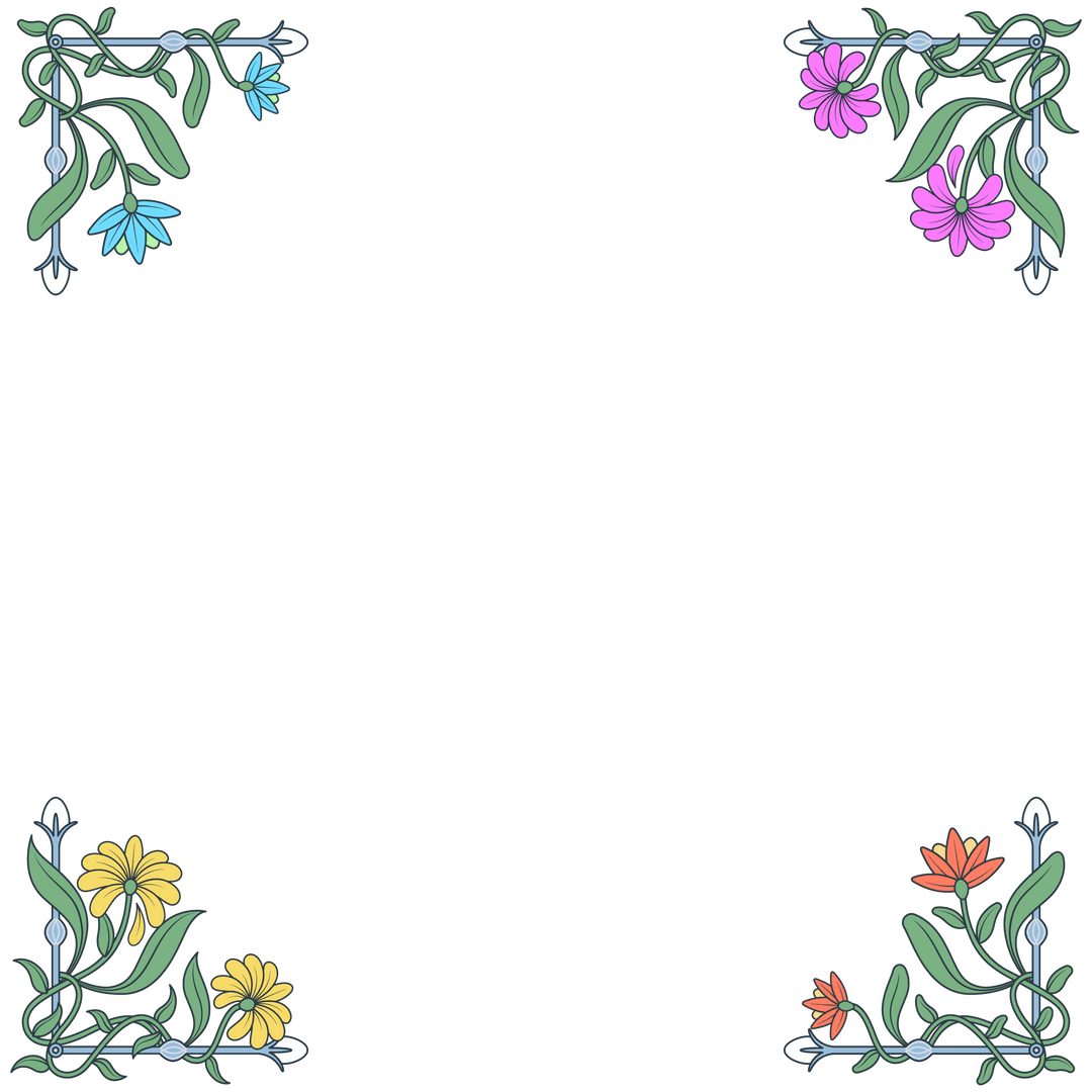 Vibrant Floral Corner Designs on Transparent Background