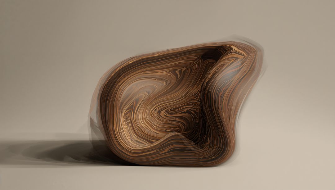 Polished Swirling Wood Sculpture with Layered Grain and Soft Shadow on Beige Surface