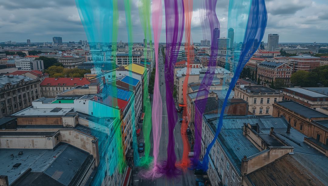Translucent Color Ribbons Descending and Streaming Down Urban Boulevard Aerial Skyline