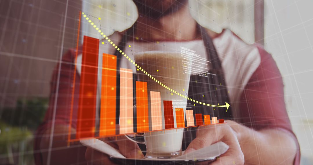 Barista Analyzing Business Data with Coffee Cup and Charts - Free Images, Stock Photos and Pictures on Pikwizard.com