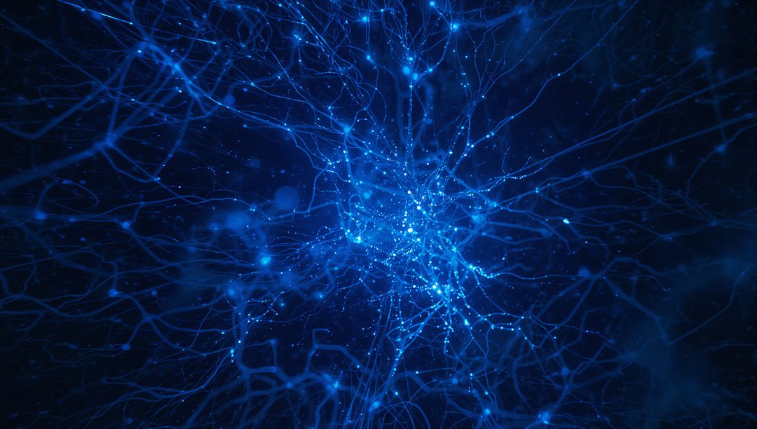 Futuristic Digital Network with Blue Filaments and Glowing Nodes