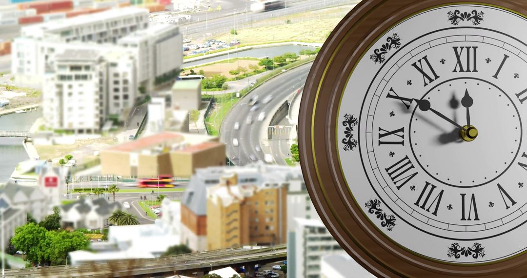 Clock Overlay on Miniature Cityscape Symbolizes Time Management