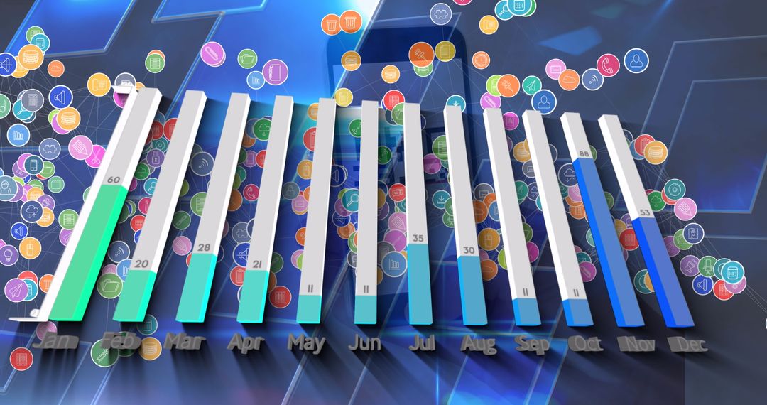 3D Bar Chart on Vibrant Digital Interface with Connectivity Icons