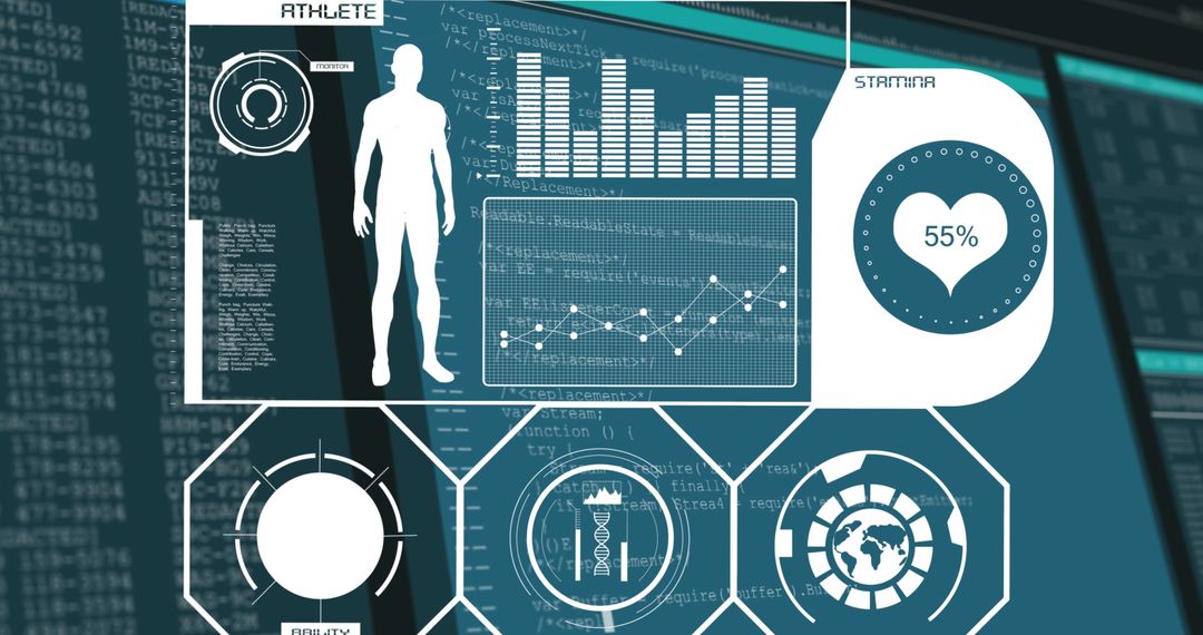 Futuristic Digital Athlete Analysis Interface with Data Visualization