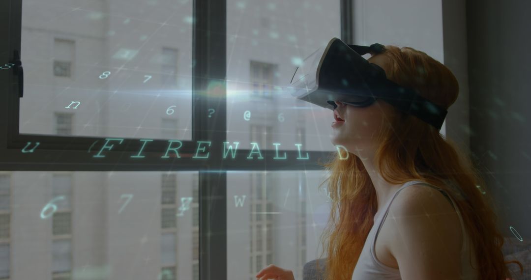 Woman Using VR Headset Exploring Virtual Firewall at Home