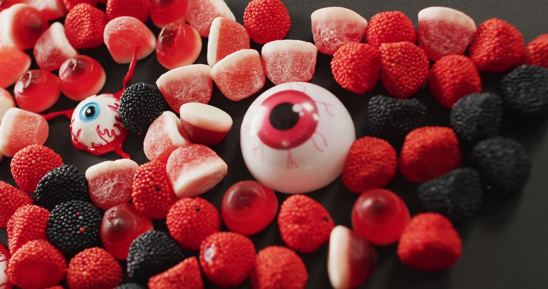 Assorted Halloween Candies with Eyeball Sweets on Black Background - Free Images, Stock Photos and Pictures on Pikwizard.com