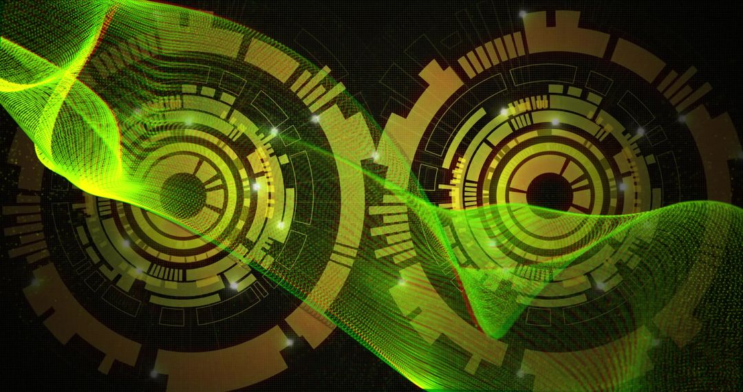 Futuristic Digital Interface with Spinning Cogs and Data Links