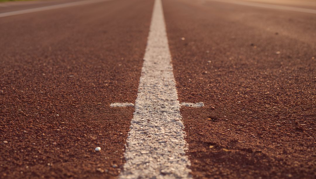 Running white center line along sunlit red track during golden hour with textured surface
