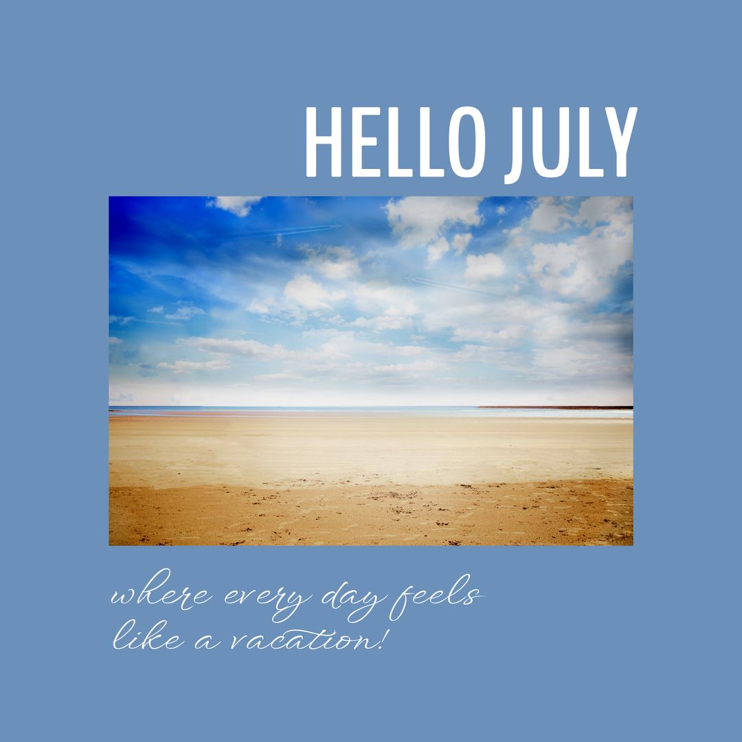 Summer Beach Scene with Hello July Text