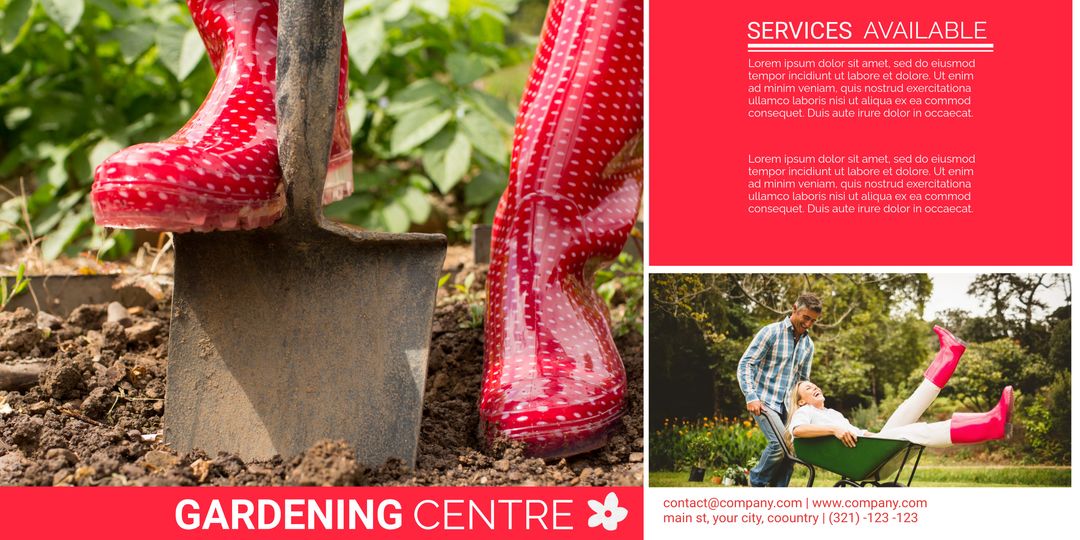 Gardening Center Promotion with Polka-Dot Boots and Spade
