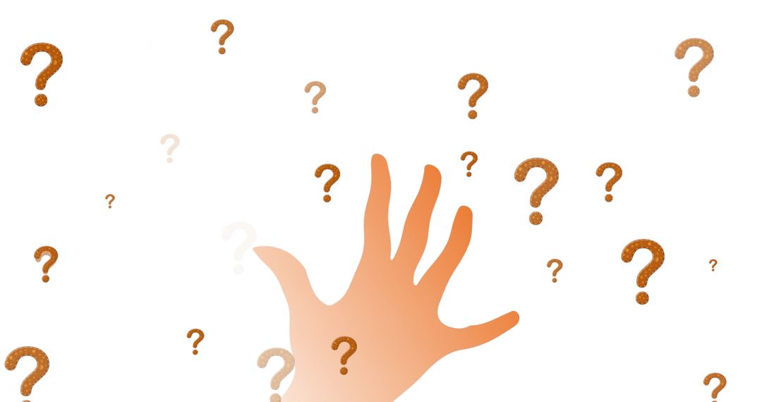 Hand Reaching Answers Amidst Question Marks on White