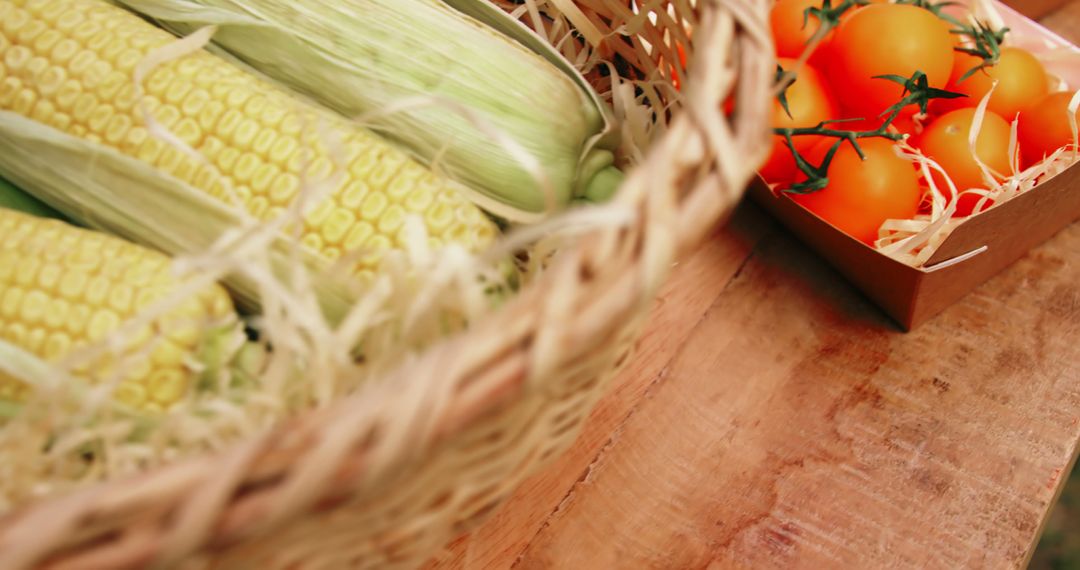 Fresh Corn and Tomatoes in Basket on Rustic Wooden Table - Free Images, Stock Photos and Pictures on Pikwizard.com