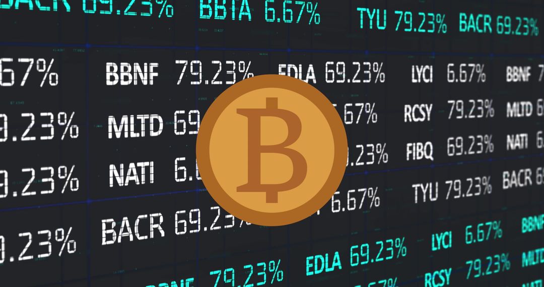 Bitcoin Logo Over Stock Market Display Showing Financial Trends