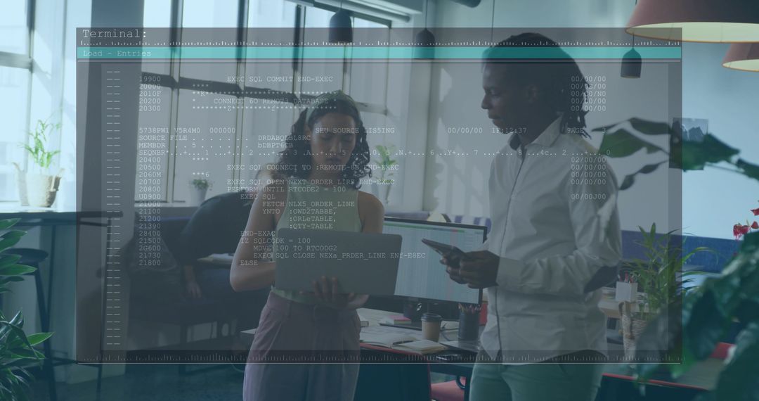 Collaborating colleagues holding tablet and documents in modern office with code overlay