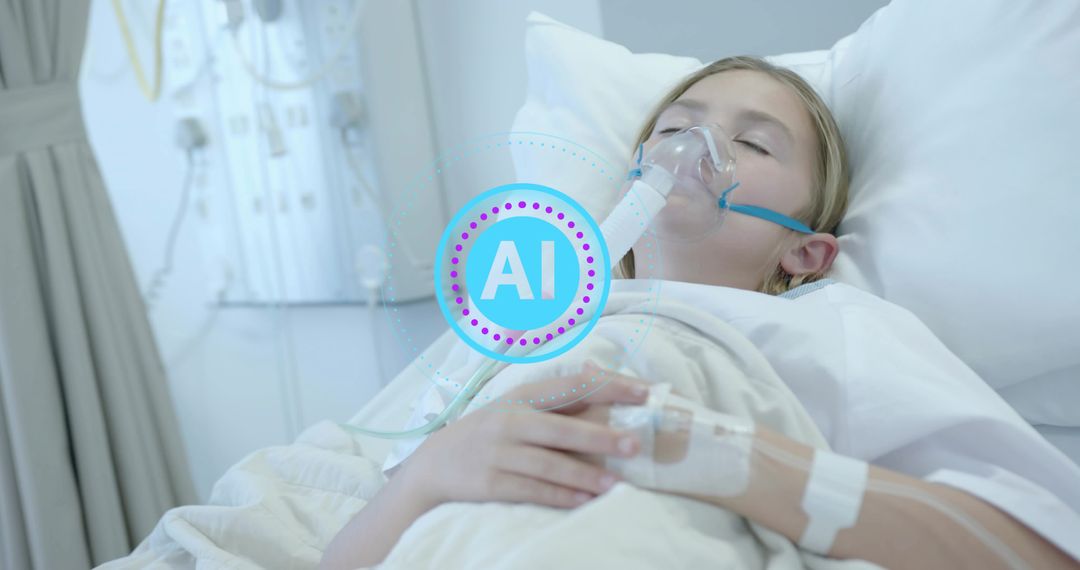 Resting pediatric patient wearing oxygen mask and IV in hospital bed with AI overlay