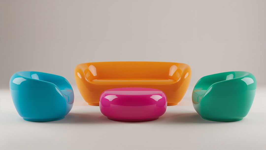 Glossy Vibrant Modular Sofa and Chairs Set in Minimal Gray Studio - Sculptural Design