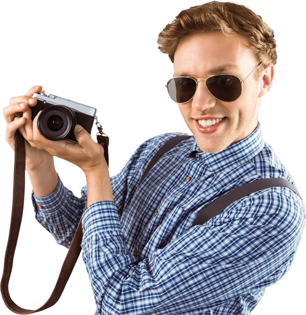 Geeky hipster with retro camera on transparent background