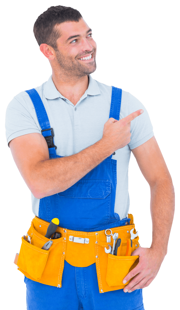 Smiling Repairman in Overalls with Transparent Background