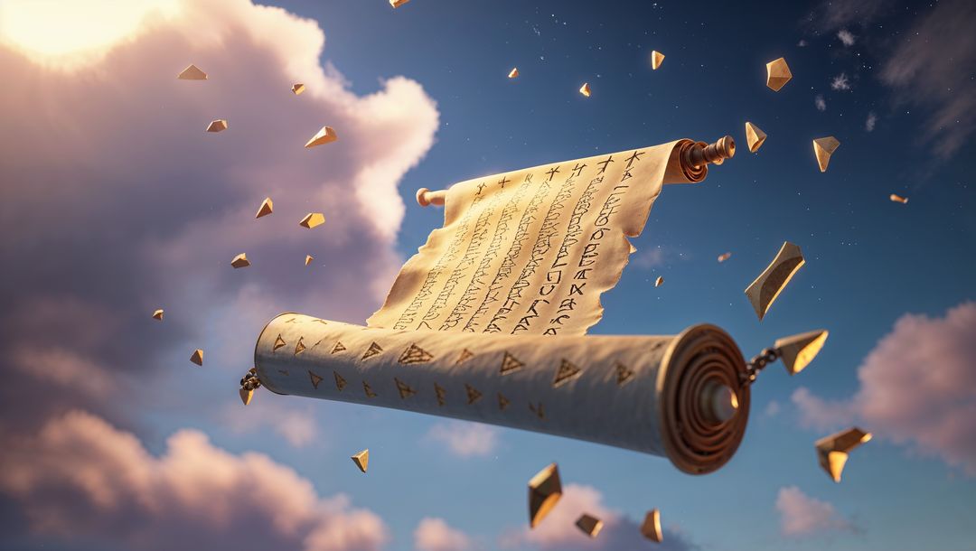 Mystical Floating Parchment Scroll Among Clouds with Gold Fragmentation