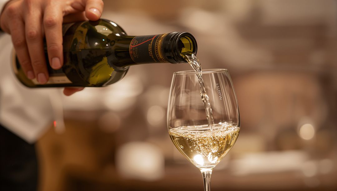 Pouring White Wine into Stemmed Glass with Bubbles and Warm Bokeh Ambience