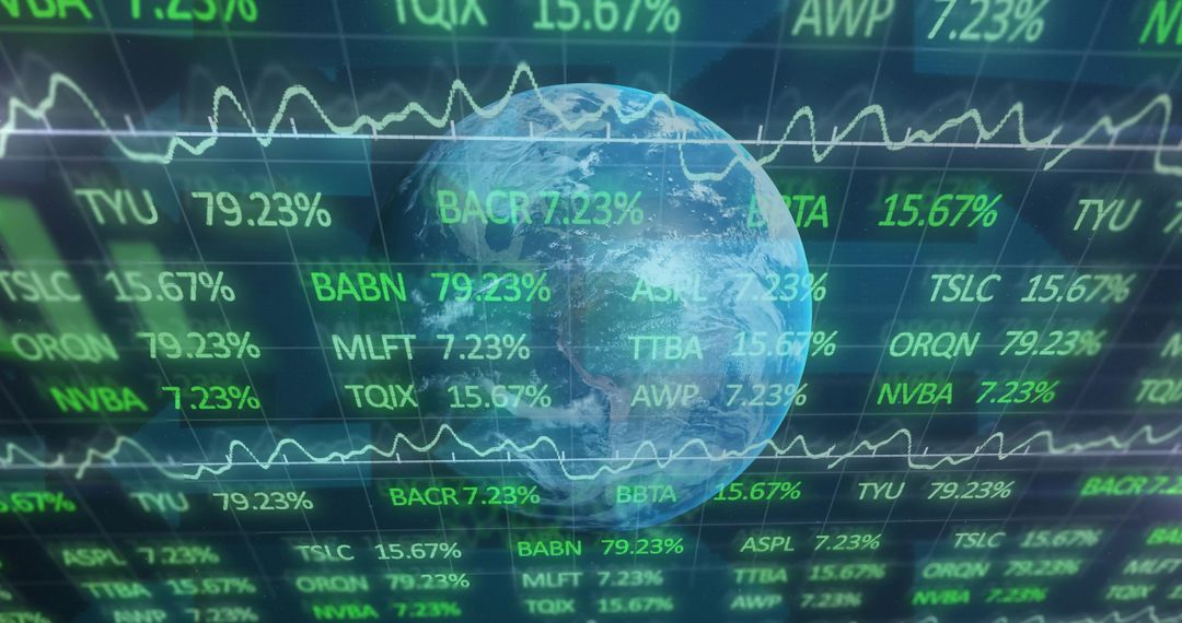 Rotating Earth Over Stock Tickers and Sparklines Showing Global Financial Data