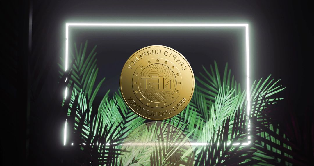 Floating Gold NFT Token Hovering in Neon Frame with Tropical Palm Fronds