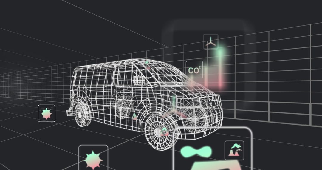 Wireframe Van Model with Environmental and Technological Symbols