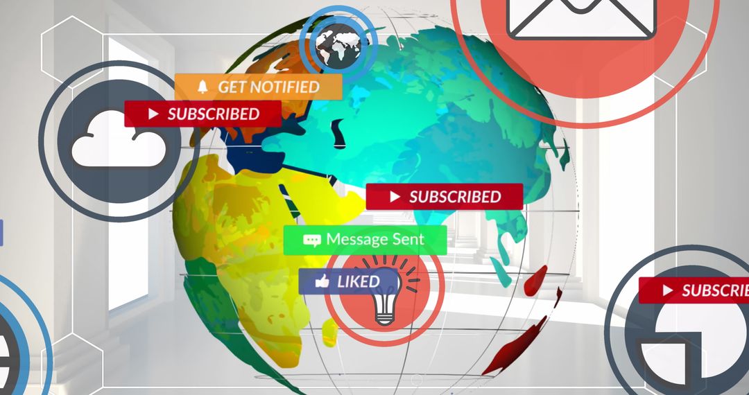 Digital Communication Concept with Social Media Icons Around Globe