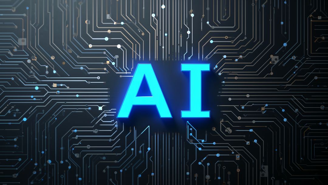 Blue AI Letters on Digital Circuitry Network Background