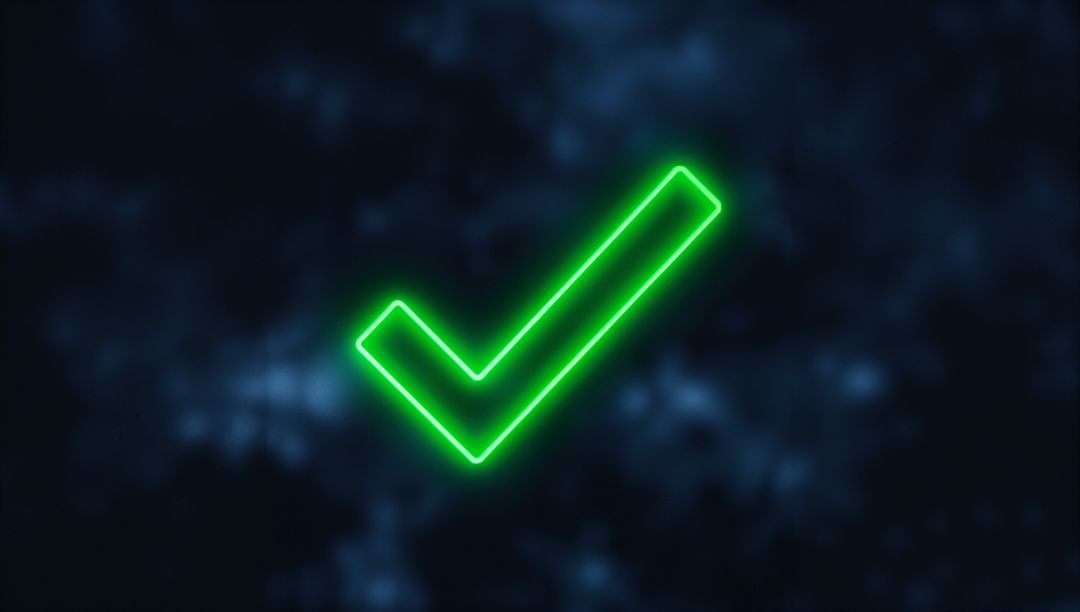 Neon Green Check Mark Symbol Glowing in Digital Space