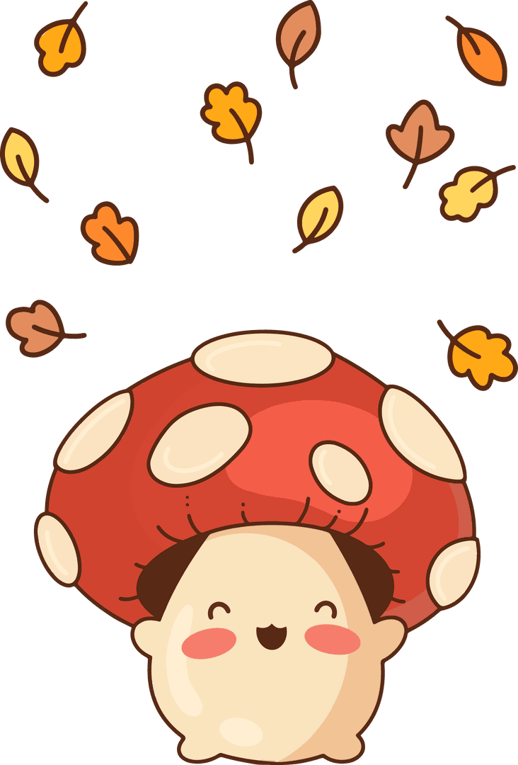 Cute Cartoon Mushroom with Autumn Leaves on Transparent Background