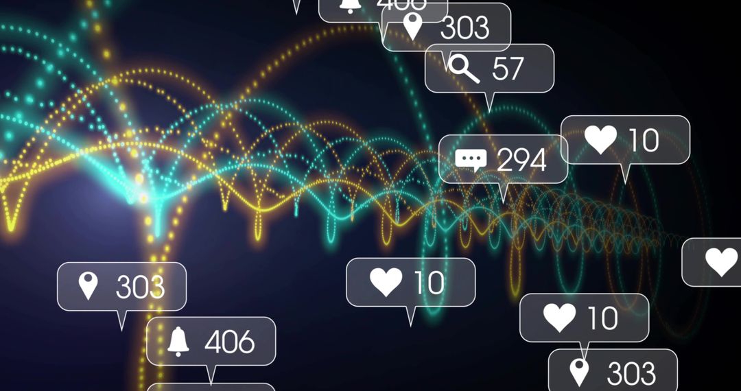 Neon Data Stream Showing Social Media Metrics, Likes, Notifications and Geo Analytics