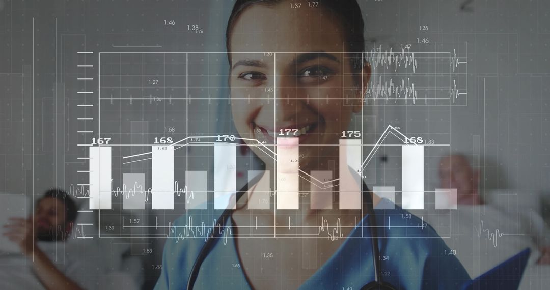 Smiling Nurse with Medical Data Overlay in Hospital Ward