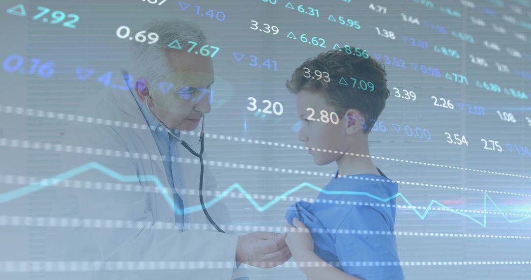 Senior doctor examining boy with stethoscope amid digital health data overlays