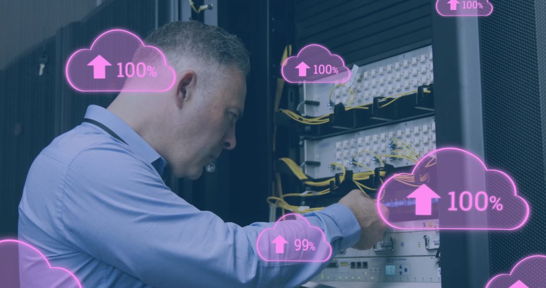Engineer Managing Server Room with Cloud Upload Graphics
